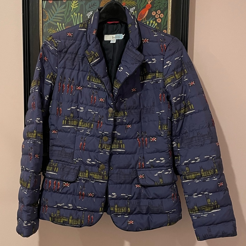 Boden Navy Quilted Puffer Jacket with Red and Olive Accent Print